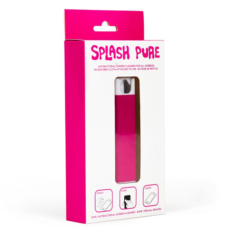 Splash Pure - Antybakteryjny spray z mikrofibrą do czyszczenia ekranu, 20 ml (różowy)