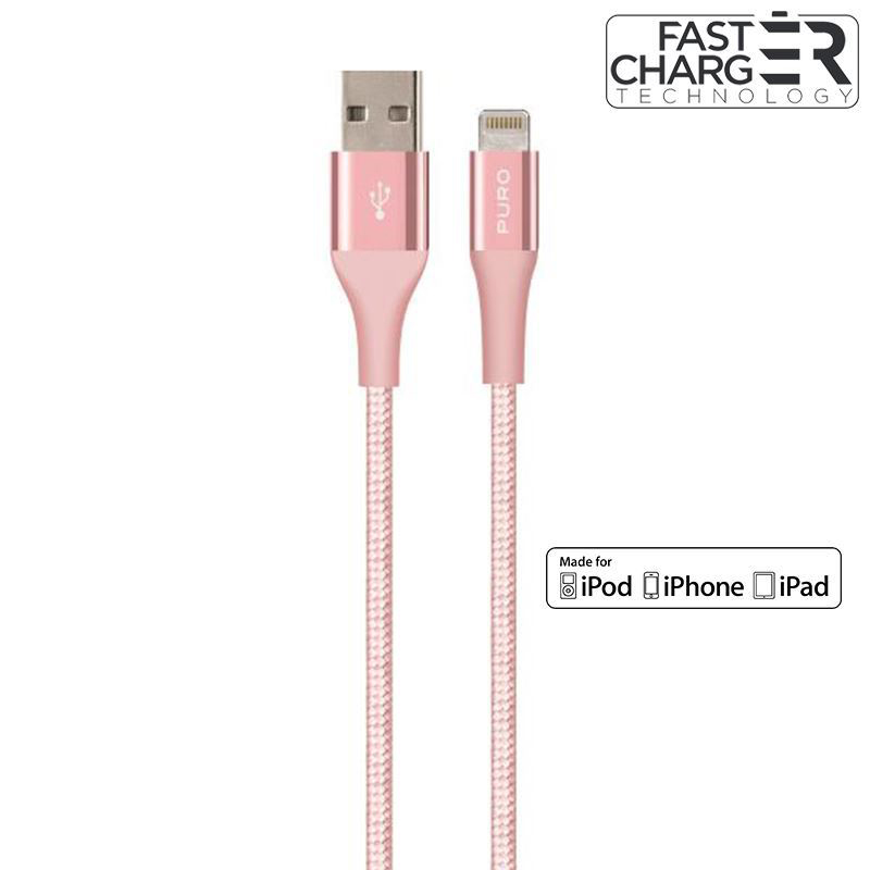 PURO Fabric K2 Cable - Kabel połączeniowy z Kevlaru USB Apple złącze Lightning, MFi, 1.2 m (Rose Gold)