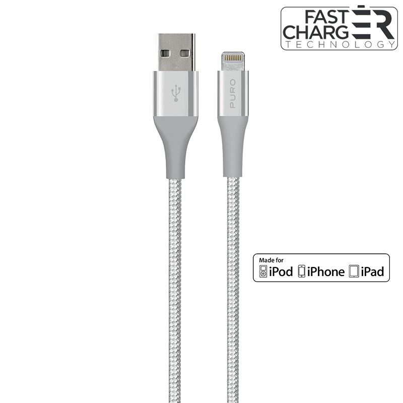 PURO Fabric K2 Cable - Kabel połączeniowy z Kevlaru USB Apple złącze Lightning, MFi, 1.2 m (Silver)