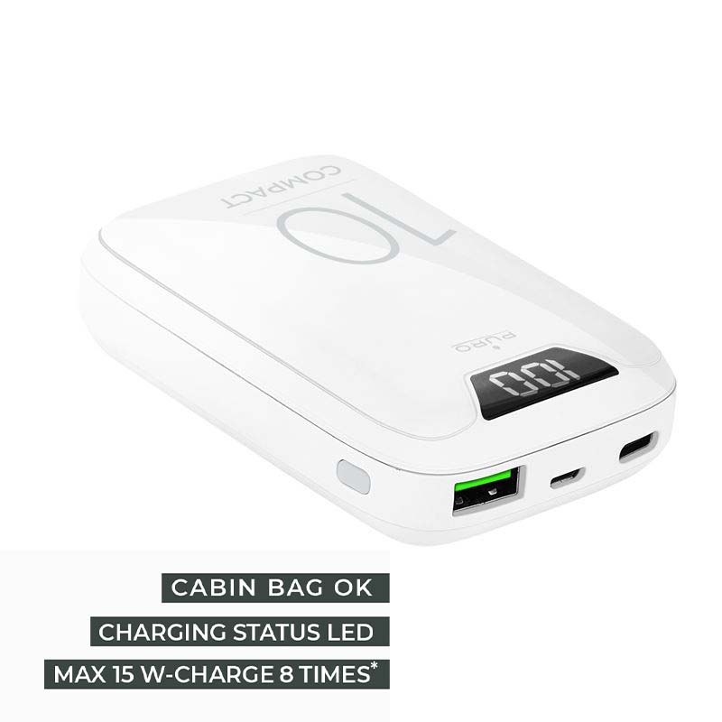 Puro Compact Power Bank - Power bank dla smartfonów i tabletów 10000 mAh, USB-A, USB-C, 15 W + wyświetlacz LED (biały)