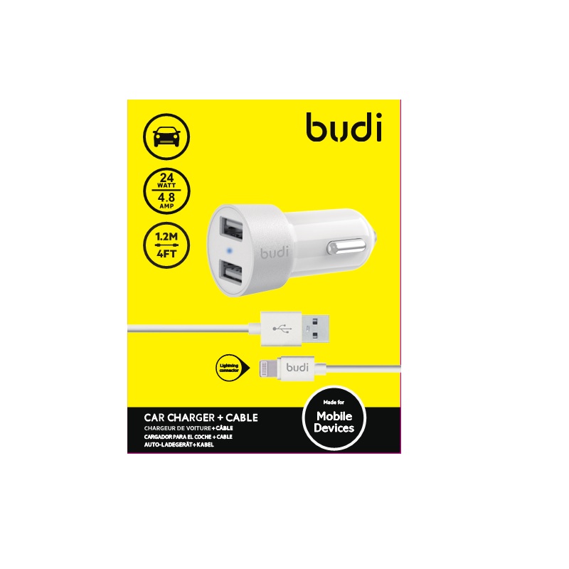 Budi - Ładowarka samochodowa 2x USB, 24W + kabel Lightning 1,2 m (Biały)