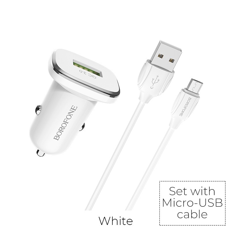 Borofone - ładowarka samochodowa USB z QC3.0 i kablem micro USB w zestawie, biały