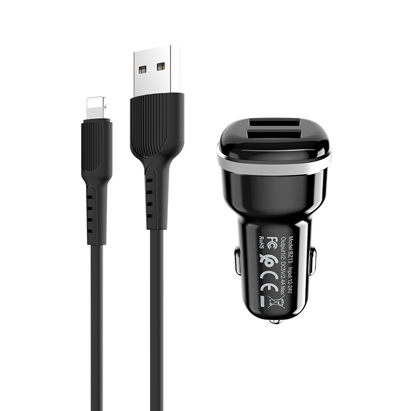 Borofone - ładowarka samochodowa 2x USB kabel Lightning w zestawie, czarny