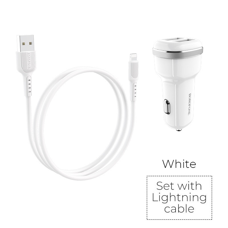 Borofone - ładowarka samochodowa 2x USB kabel Lightning w zestawie, biały