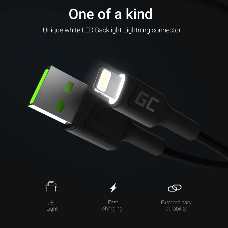 Green Cell Ray - Kabel Przewód USB - Lightning 120cm z białym podświetleniem LED, szybkie ładowanie Apple 2.4A