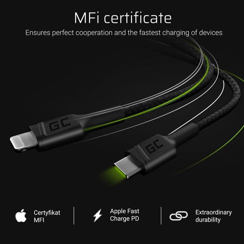 Green Cell Power Stream - Kabel Przewód USB-C - Lightning 100 cm ze wsparciem Power Delivery (Apple certyfikat MFi Certified)