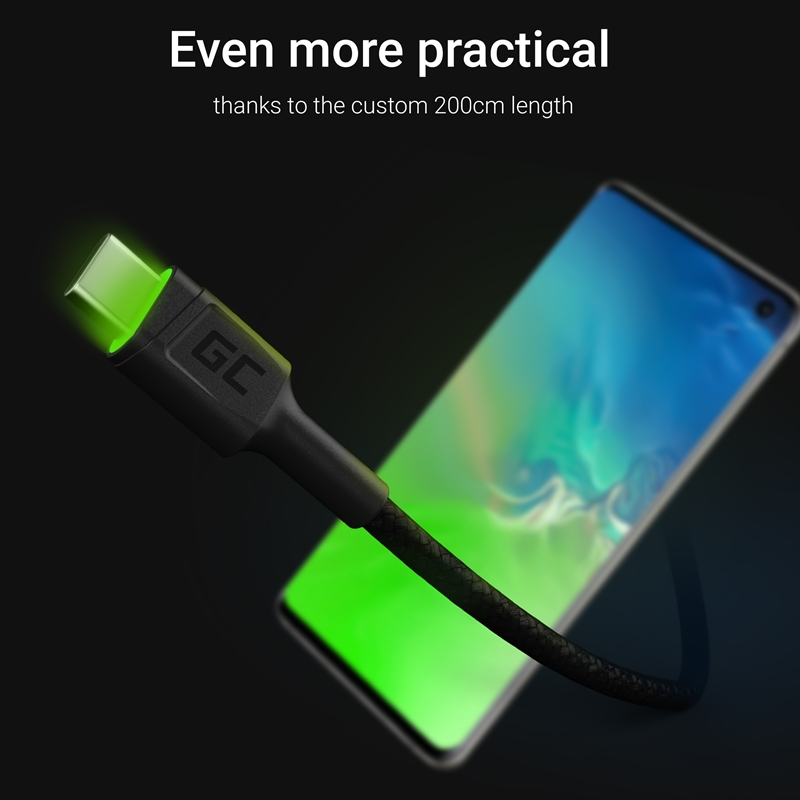 Green Cell Ray - Kabel Przewód USB - USB-C 200cm z zielonym podświetleniem LED, szybkie ładowanie Ultra Charge, QC 3.0