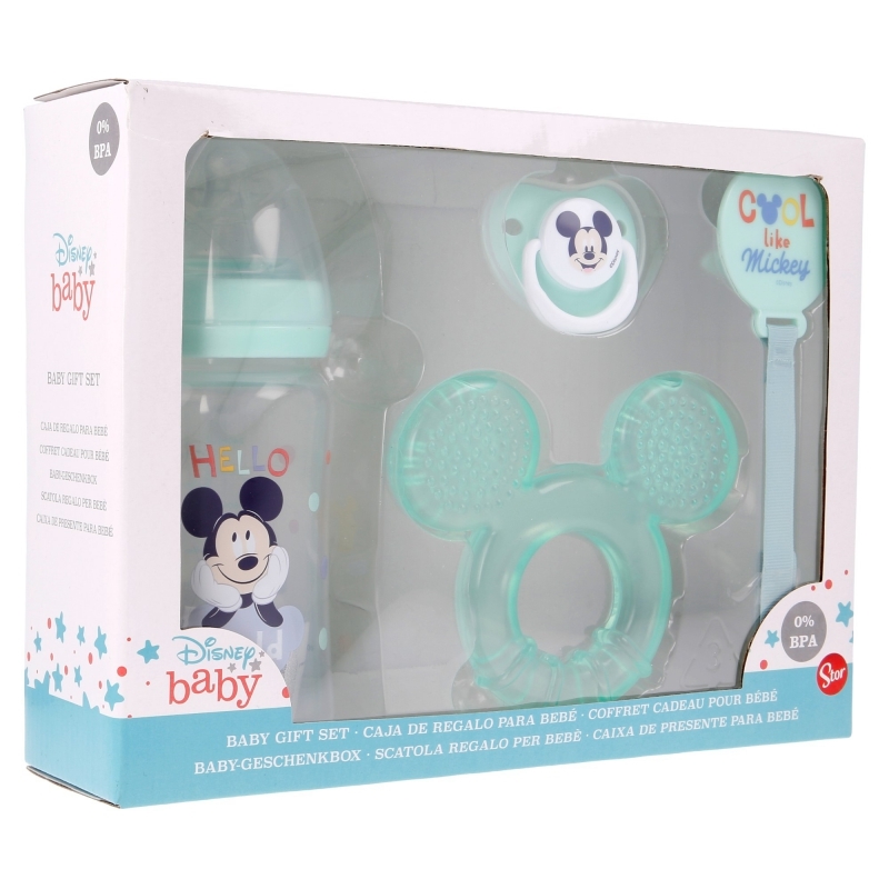 Mickey Mouse - Zestaw dla niemowlaka (butelka za smoczkiem 240ml, smoczek anatomiczny, gryzak, uchwyt na gryzak) (Cool)