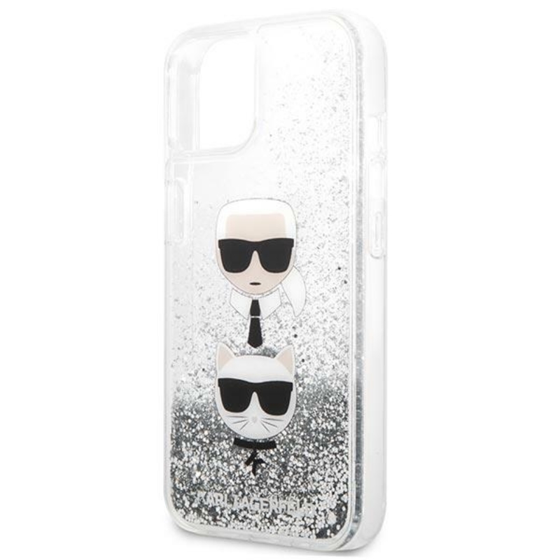 Karl Lagerfeld Liquid Glitter Karl & Choupette Head - Etui iPhone 13 mini (srebrny)