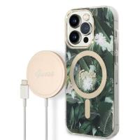 Guess Bundle Pack MagSafe IML Jungle - Zestaw etui + ładowarka MagSafe iPhone 14 Pro Max (khaki/złoty)