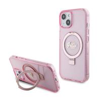 Guess Ring Stand Script Glitter MagSafe - Etui iPhone 15 Plus (różowy)