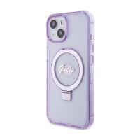Guess Ring Stand Script Glitter MagSafe - Etui iPhone 15 Plus (fioletowy)