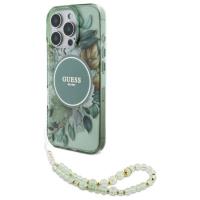 Guess IML Flowers With Pearl Strap MagSafe - Etui iPhone 16 Pro (zielony) Guess IML Flowers With Pearl Strap MagSafe - Etui iPhone 16 Pro (zielony)