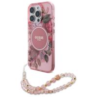 Guess IML Flowers With Pearl Strap MagSafe - Etui iPhone 16 Pro (różowy) Guess IML Flowers With Pearl Strap MagSafe - Etui iPhone 16 Pro (różowy)