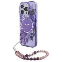 Guess IML Flowers With Pearl Strap MagSafe - Etui iPhone 16 Pro (fioletowy) Guess IML Flowers With Pearl Strap MagSafe - Etui iPhone 16 Pro (fioletowy)