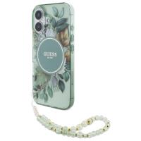 Guess IML Flowers With Pearl Strap MagSafe - Etui iPhone 16 Plus (zielony) Guess IML Flowers With Pearl Strap MagSafe - Etui iPhone 16 Plus (zielony)