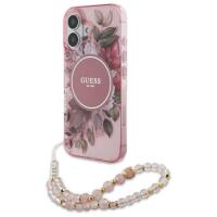 Guess IML Flowers With Pearl Strap MagSafe - Etui iPhone 16 Plus (różowy) Guess IML Flowers With Pearl Strap MagSafe - Etui iPhone 16 Plus (różowy)