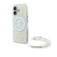 Guess IML Flowers Allover Electro With Pearl Strap MagSafe - Etui iPhone 16 (biały) Guess IML Flowers Allover Electro With Pearl Strap MagSafe - Etui iPhone 16 (biały)