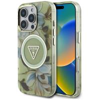 Guess Glitter Flowers Triangle Buttons MagSafe - Etui do iPhone 16 Pro (zielony)