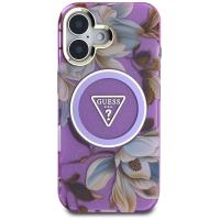 Guess Glitter Flowers Triangle Buttons MagSafe - Etui do iPhone 16 (fioletowy)