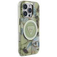 Guess Glitter Flowers Triangle Buttons MagSafe - Etui do iPhone 16 Pro Max (zielony)