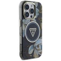 Guess Glitter Flowers Triangle Buttons MagSafe - Etui do iPhone 16 Pro (czarny)