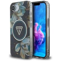 Guess IML Metal Glitter Flowers Triangle MagSafe - Etui do iPhone 16e (czarny) Guess IML Metal Glitter Flowers Triangle MagSafe - Etui do iPhone 16e (czarny)