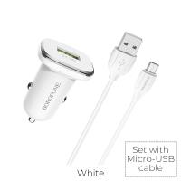 Borofone - ładowarka samochodowa USB z QC3.0 i kablem micro USB w zestawie, biały