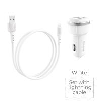 Borofone - ładowarka samochodowa 2x USB kabel Lightning w zestawie, biały