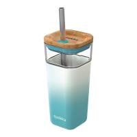 Quokka Liquid Cube - Kubek szklany 540 ml ze słomką ze stali nierdzewnej (Teal Gradient)