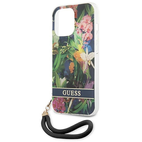 Guess Flower Cord - Etui ze smyczką iPhone 13 Pro Max (Blue)