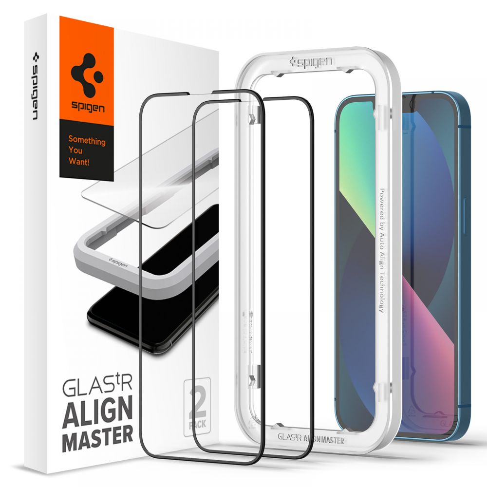 Spigen Alm Glass FC 2-Pack - Szkło hartowane do iPhone 16e / iPhone 14 / iPhone 13 / iPhone 13 Pro 2 szt (Czarna ramka)