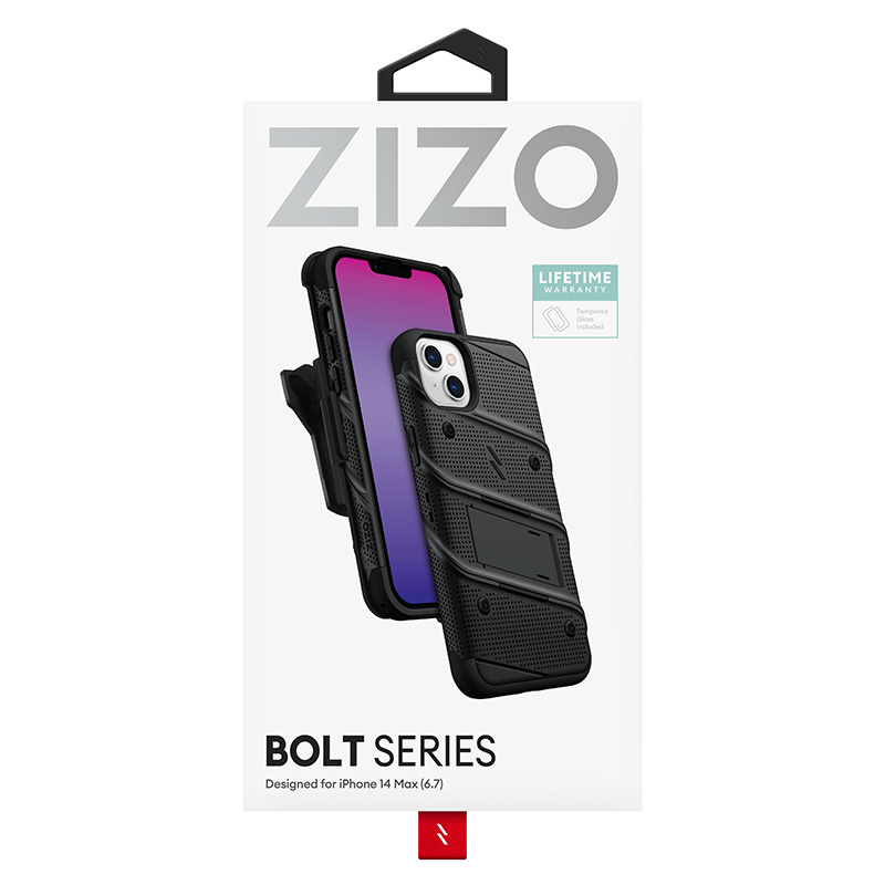 ZIZO BOLT Series - Pancerne etui iPhone 14 Plus ze szkłem 9H na ekran + uchwyt z podstawką (czarny)