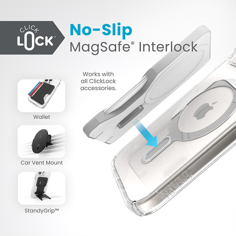 Speck Presidio Perfect-Clear ClickLock & MagSafe - Etui iPhone 16e / iPhone 15 / iPhone 14 / iPhone 13 (Clear / Chrome Finish / Serene Silver)