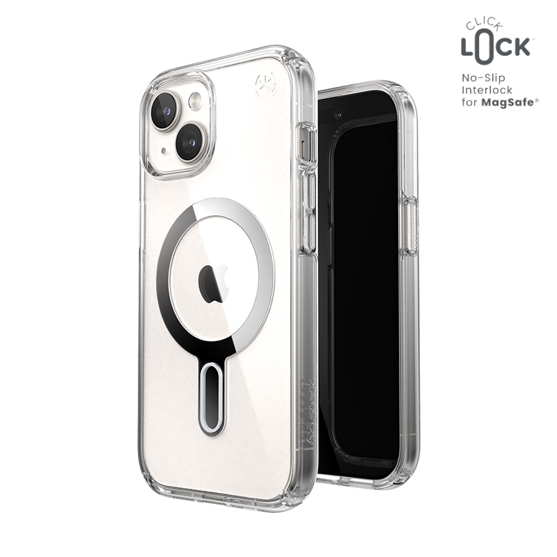Speck Presidio Perfect-Clear ClickLock & MagSafe - Etui iPhone 16e / iPhone 15 / iPhone 14 / iPhone 13 (Clear / Chrome Finish / Serene Silver)