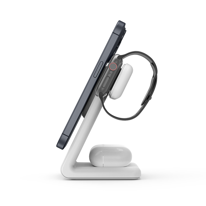 Crong MagSpot Pivot Stand - Ładowarka bezprzewodowa 3w1 z MagSafe do iPhone, Apple Watch i AirPods (biały)