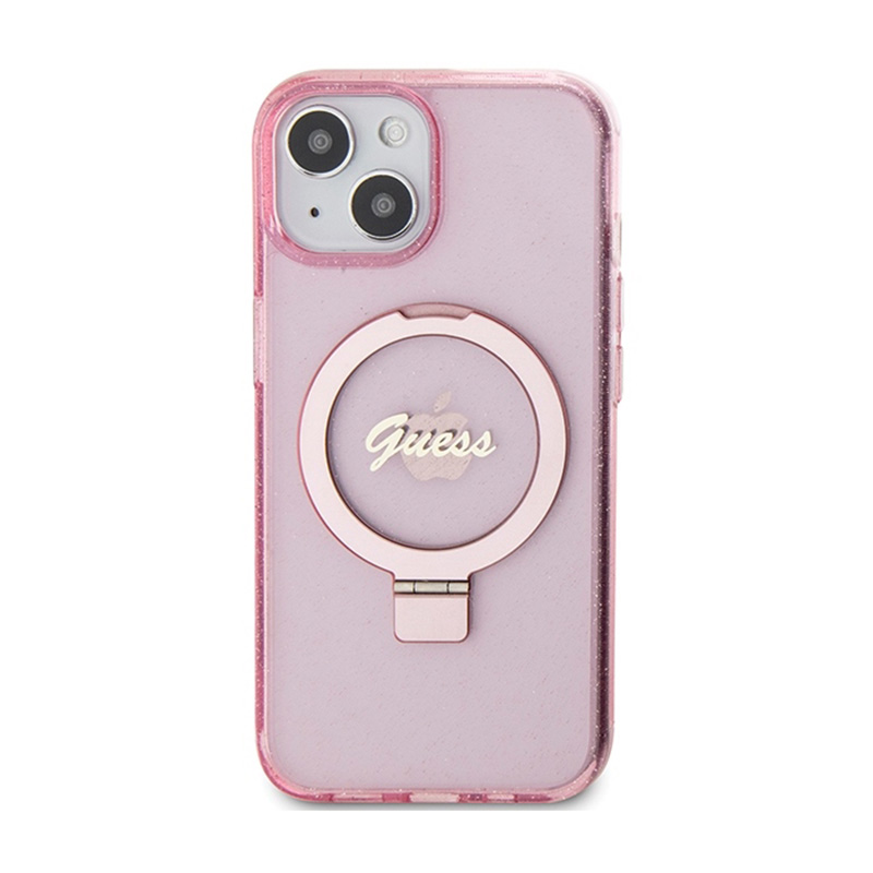 Guess Ring Stand Script Glitter MagSafe - Etui iPhone 15 Plus (różowy)