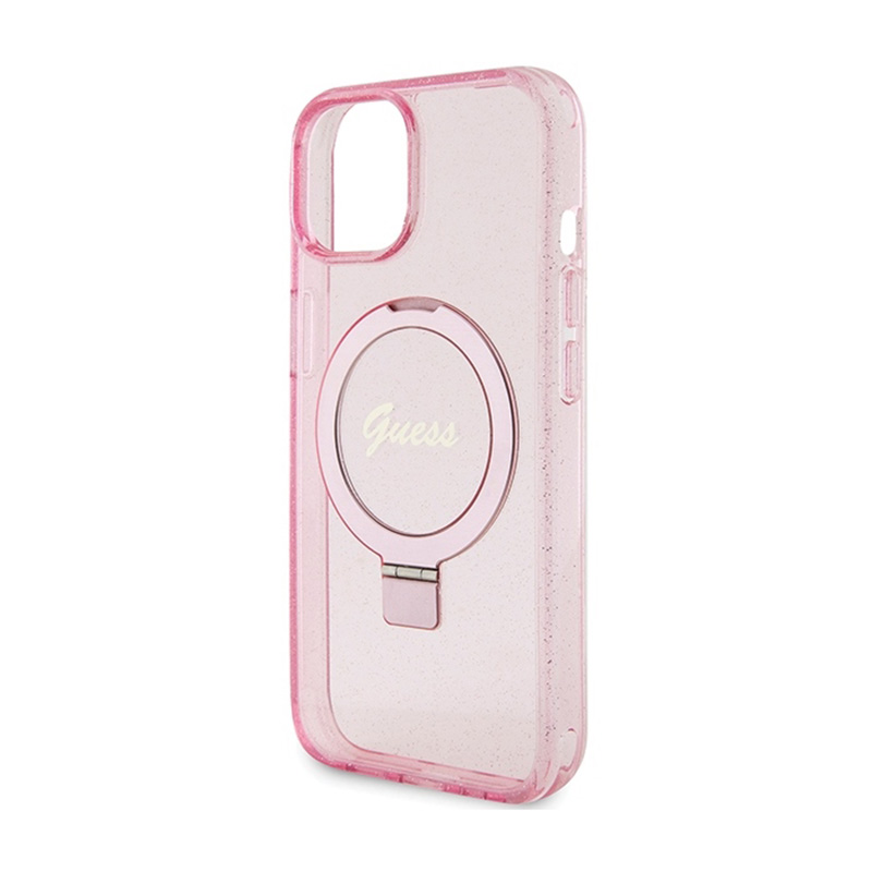 Guess Ring Stand Script Glitter MagSafe - Etui iPhone 15 Plus (różowy)