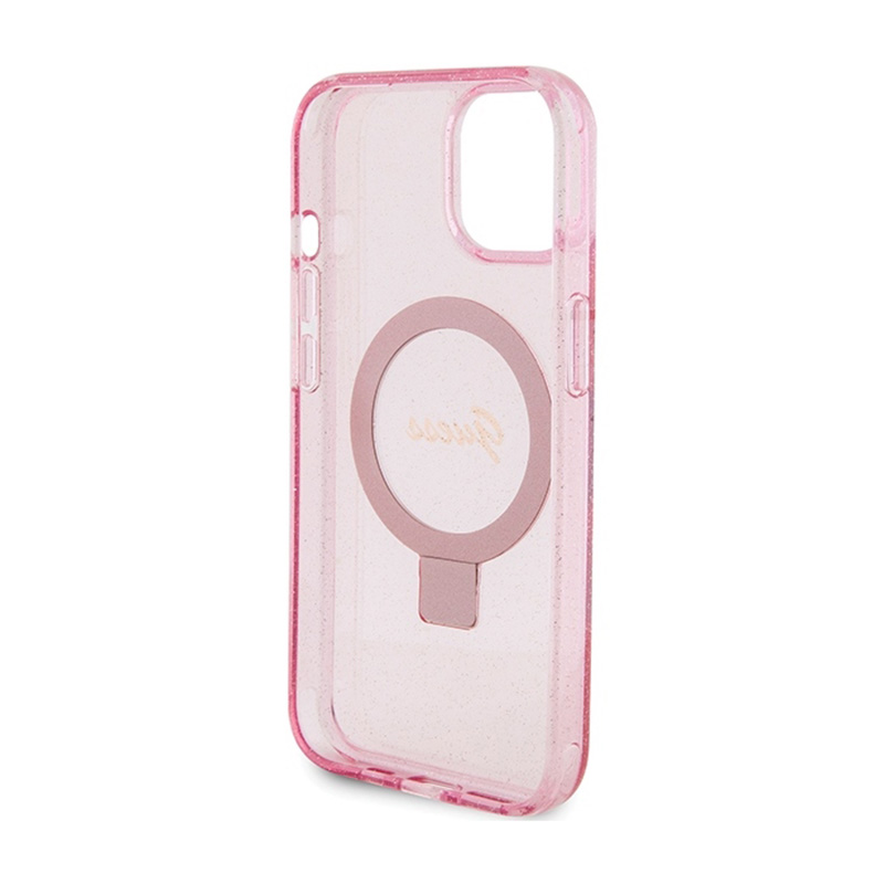 Guess Ring Stand Script Glitter MagSafe - Etui iPhone 15 Plus (różowy)