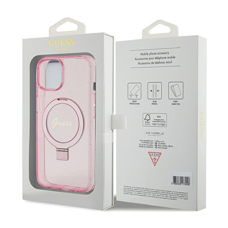 Guess Ring Stand Script Glitter MagSafe - Etui iPhone 15 Plus (różowy)