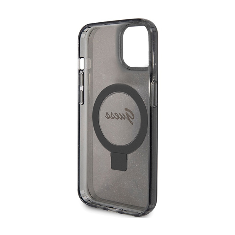 Guess Ring Stand Script Glitter MagSafe - Etui iPhone 15 (czarny)