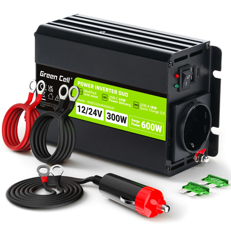 Green Cell - Przetwornica napięcia Inwerter DUO 12V/24V na 230V 300W/600W Modyfikowana sinusoida