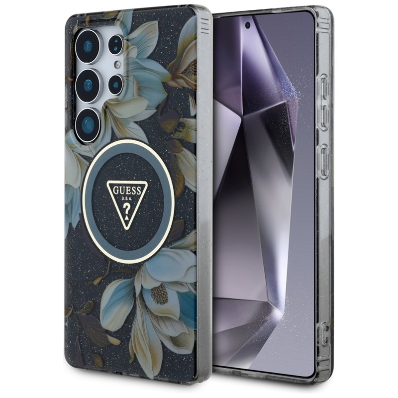 Guess Glitter Flowers Triangle Buttons MagSafe - Etui do Samsung Galaxy S25 Ultra (czarny)