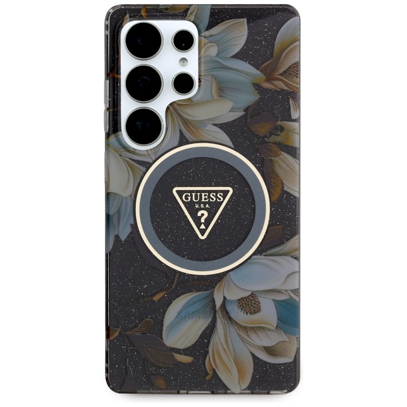 Guess Glitter Flowers Triangle Buttons MagSafe - Etui do Samsung Galaxy S25 Ultra (czarny)