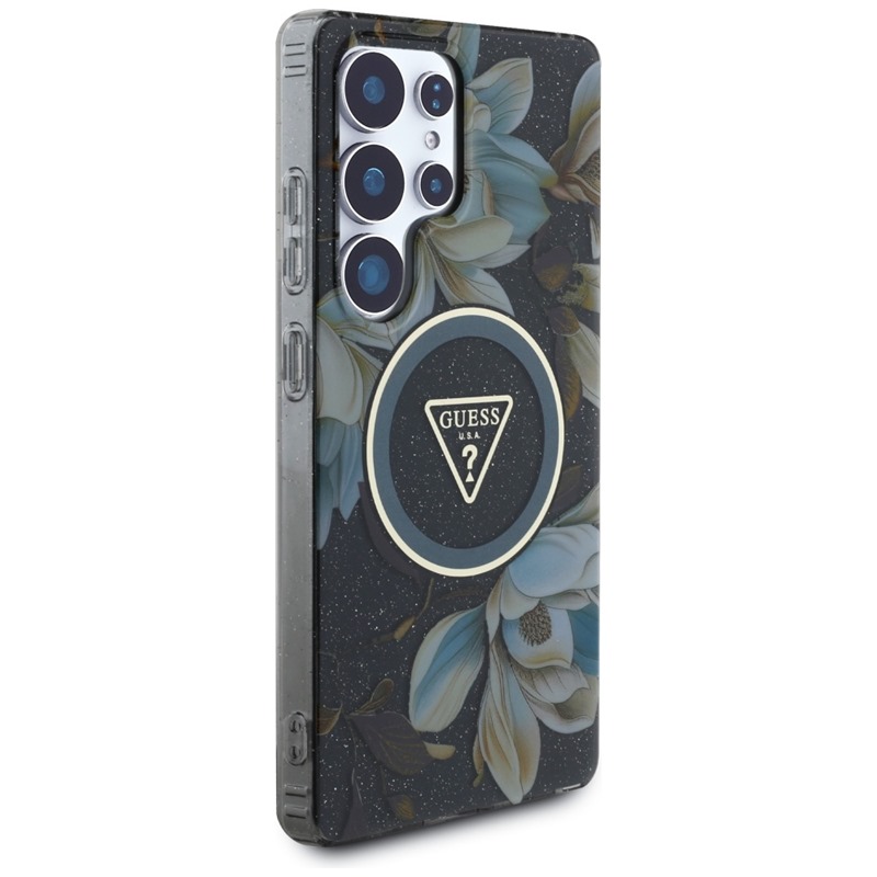 Guess Glitter Flowers Triangle Buttons MagSafe - Etui do Samsung Galaxy S25 Ultra (czarny)