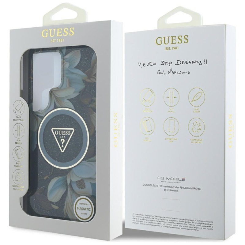Guess Glitter Flowers Triangle Buttons MagSafe - Etui do Samsung Galaxy S25 Ultra (czarny)