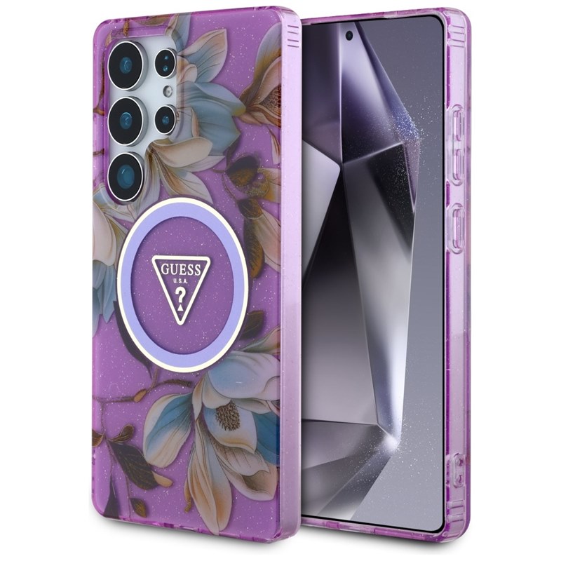 Guess Glitter Flowers Triangle Buttons MagSafe - Etui do Samsung Galaxy S25 Ultra (fioletowy)