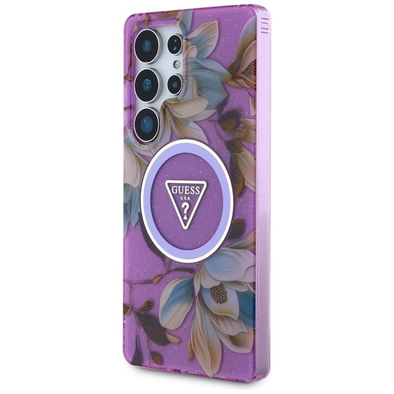 Guess Glitter Flowers Triangle Buttons MagSafe - Etui do Samsung Galaxy S25 Ultra (fioletowy)