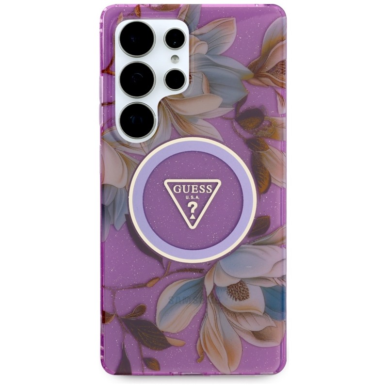 Guess Glitter Flowers Triangle Buttons MagSafe - Etui do Samsung Galaxy S25 Ultra (fioletowy)