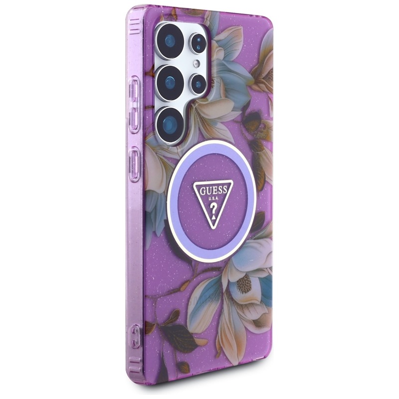 Guess Glitter Flowers Triangle Buttons MagSafe - Etui do Samsung Galaxy S25 Ultra (fioletowy)